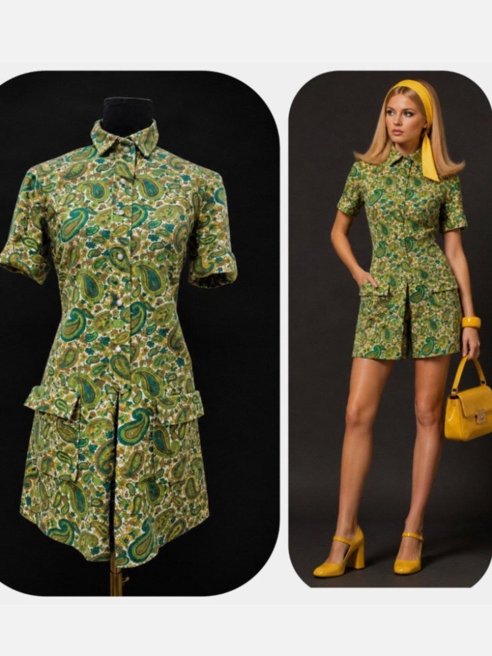 1970’s Custom Paisley Romper, Green/Yellow Retro Vintage